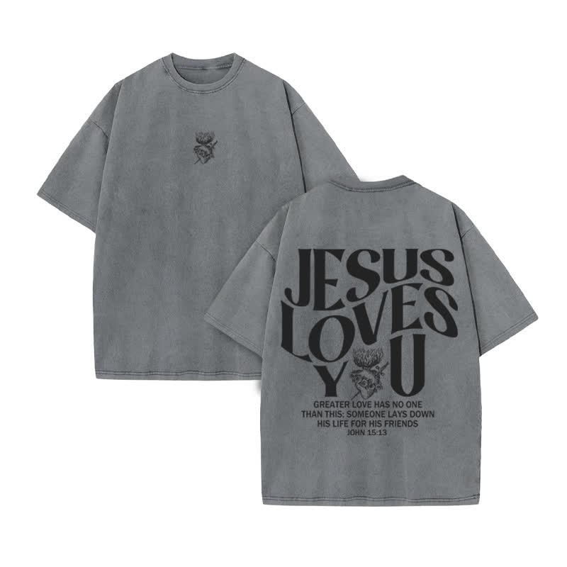 Unisex 100% Cotton JESUS LOVES YOU Print Acid Washed T-shirt - Grey - US20-22(3XL) - image 5
