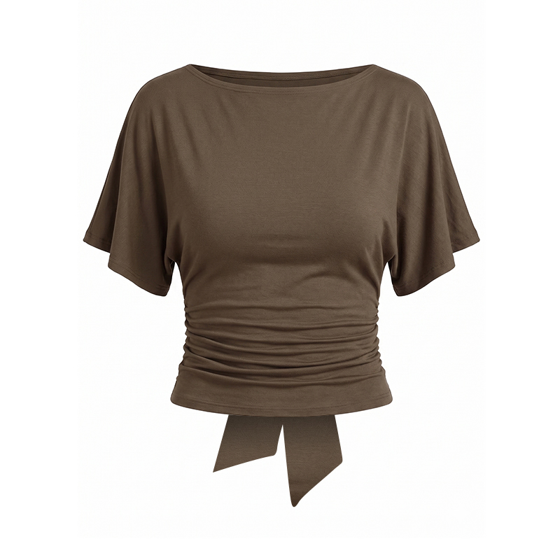 Solid Color Tie Waist Slim Fit T-shirt - Coffee - US20-22(2XL) - image 4