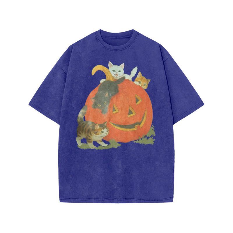 Unisex 100% Cotton Cats Playing On Pumpkins Halloween Print Acid Washed T-shirt - Blue - US20-22(3XL) - image 9