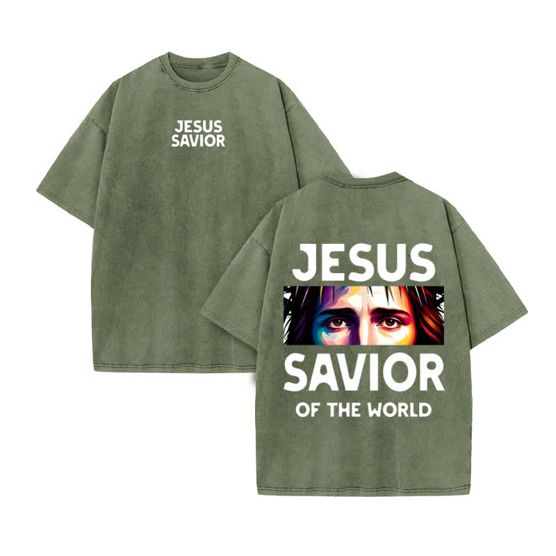 Unisex 100% Cotton Jesus Savior Print Acid Washed T-shirt - Army Green - US20-22(3XL) - image 6