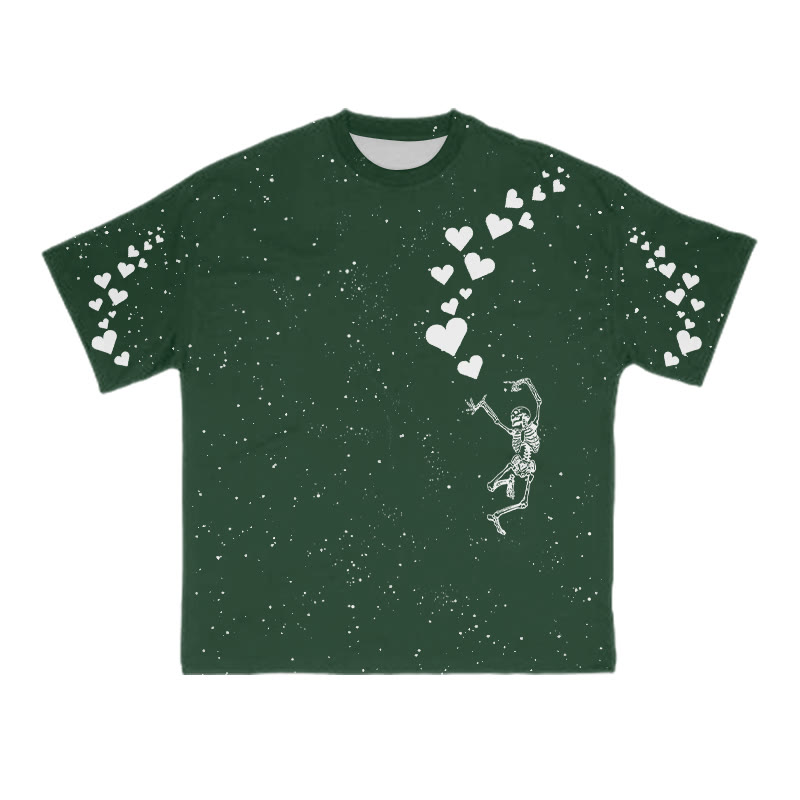 Unisex Dancing Skeleton Heart Print T-shirt - Green - 8XL - image 6