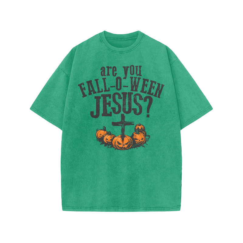 Unisex 100% Cotton Are You Falloween Jesus Print Acid Washed T-shirt - Green - US20-22(3XL) - image 6