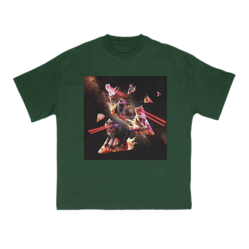 Unisex 100% Cotton Cats Driving Pizza Spaceships Print T-shirt - Dark Green - US16-18(2XL) - image 7