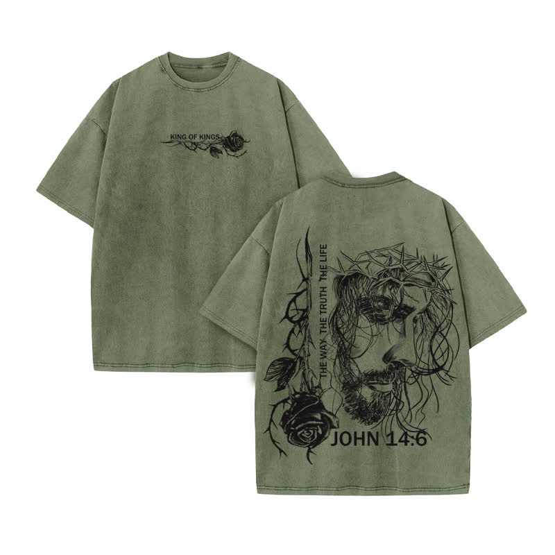 Unisex 100% Cotton Jesus Is King The Way The Truth The Life Print Acid Washed T-shirt - Army Green - US20-22(3XL) - image 6