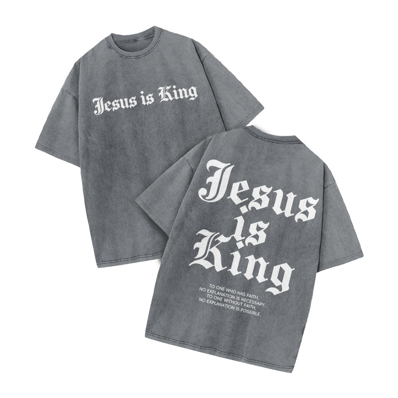 Streetwear Jesus Is King Graphic Print Acid Washed T-Shirt - Grey - US20-22(3XL) - image 5