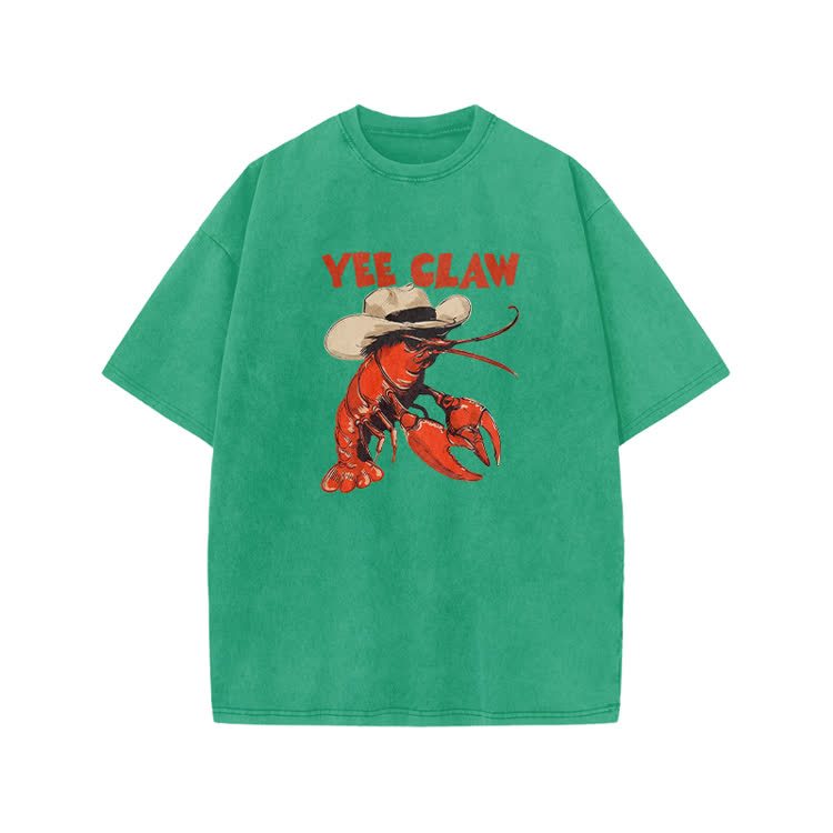 Vintage Yee Claw Lobster Print Acid Washed T-shirt - Green - US20-22(3XL) - image 6