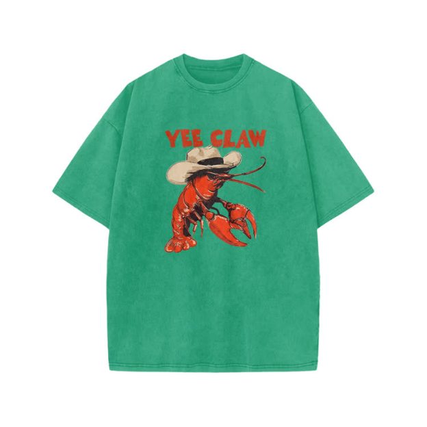 Vintage Yee Claw Lobster Print Acid Washed T-shirt - Green - US20-22(3XL) - image 6