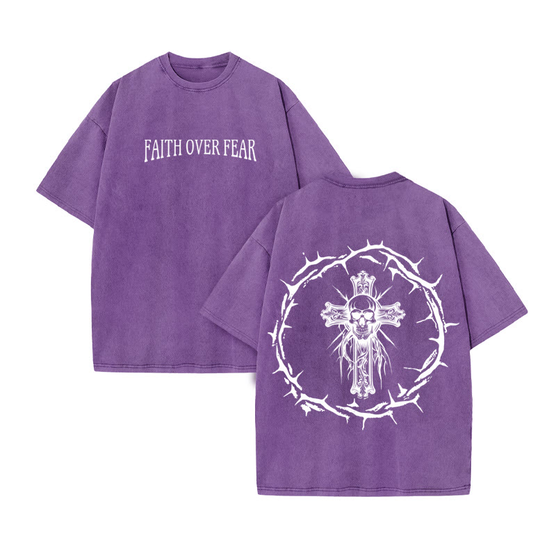 Unisex 100% Cotton Faith Over Fear Print Acid Washed T-shirt - Purple - US20-22(3XL) - image 5