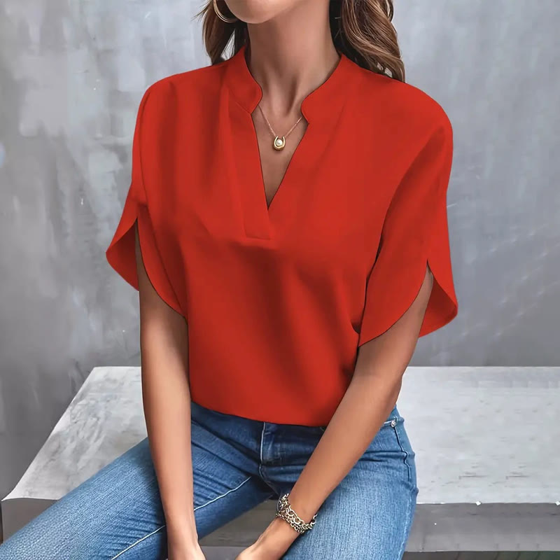 Elegant Solid Tulip Hlaf-sleeves V-neck Blouse - Red - 2XL - image 6