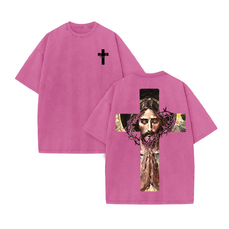 Unisex 100% Cotton Jesus On The Cross Oil Painting Print Acid Washed T-shirt - Pink - US20-22(3XL) - image 8