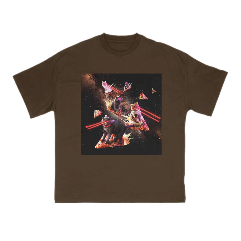 Unisex 100% Cotton Cats Driving Pizza Spaceships Print T-shirt - Coffee - US16-18(2XL) - image 6