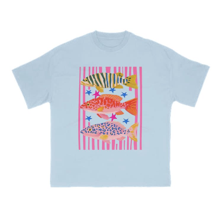 Playful Tropical Fish Graphic Crew Neck T Shirt - Light Blue - US16-18(2XL) - image 10