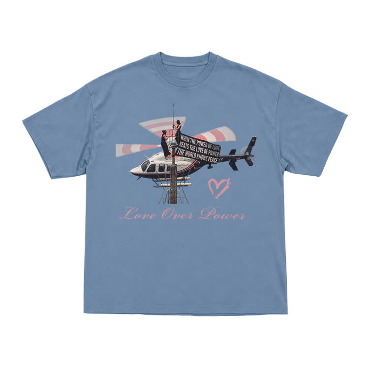 Vintage Helicopter Print Love Over Power T-Shirt - Dusty Blue - US16-18(2XL) - image 4