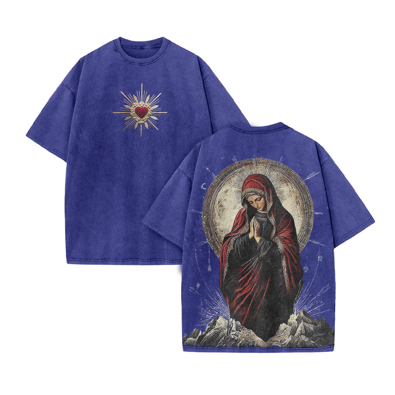 Virgin Mary Religious Streetwear Print Acid Washed T-shirt - Blue - US20-22(3XL) - image 9
