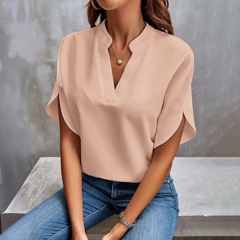 Elegant Solid Tulip Hlaf-sleeves V-neck Blouse - Pink - 2XL - image 7