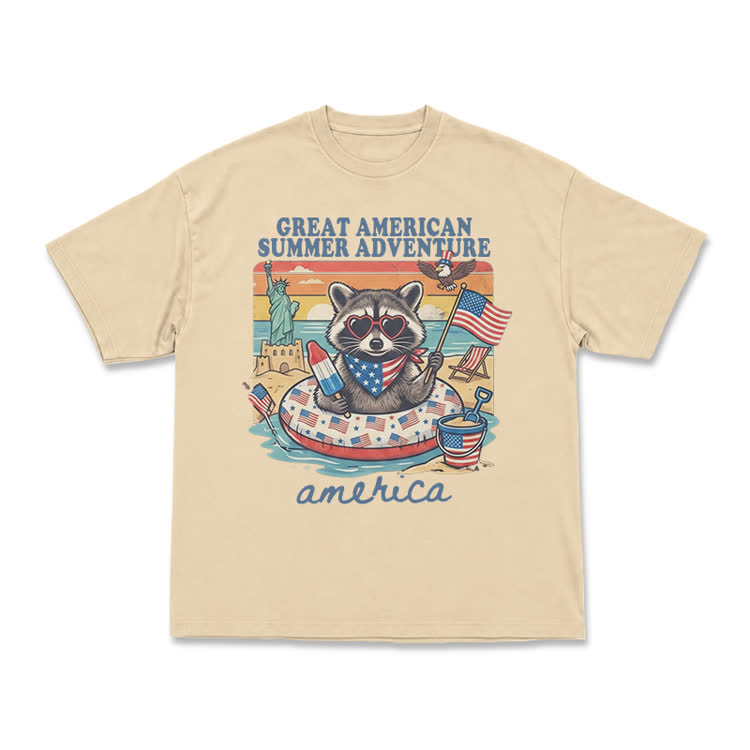 Vintage American Summer Adventure Raccoon Graphic T-Shirt - Apricot - US16-18(2XL) - image 6