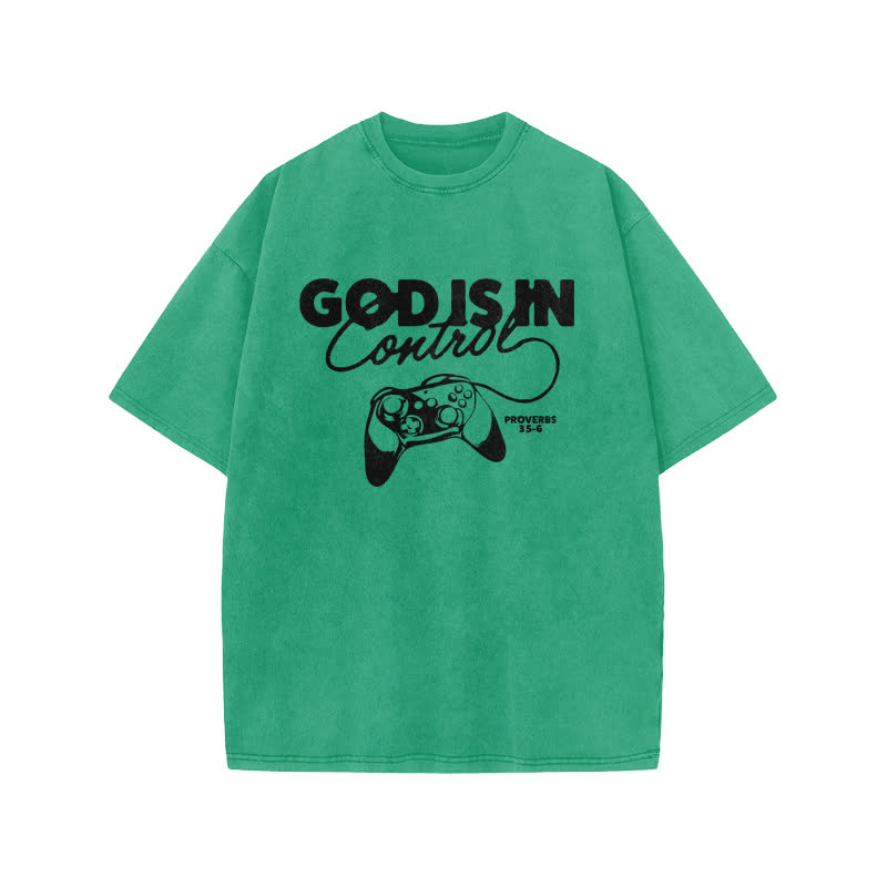Unisex Cute God Is In Control Print Acid Washed T-shirt - Green - US20-22(3XL) - image 6
