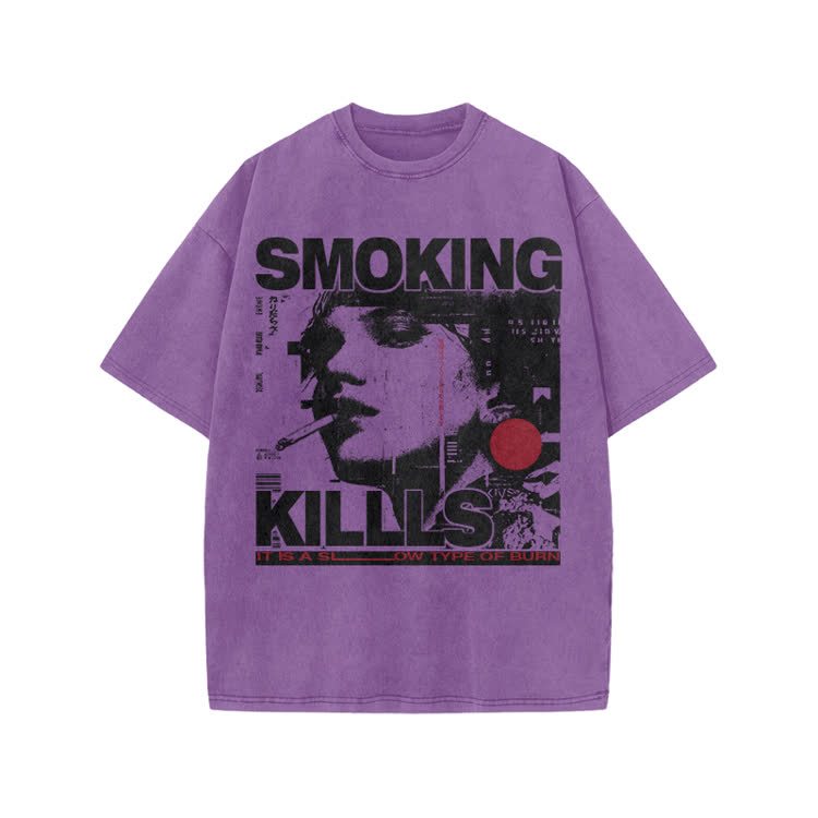 Street Rebel Smoking Kills Collage Graphic Print Acid Washed T-Shirt - Purple - US20-22(3XL) - image 5