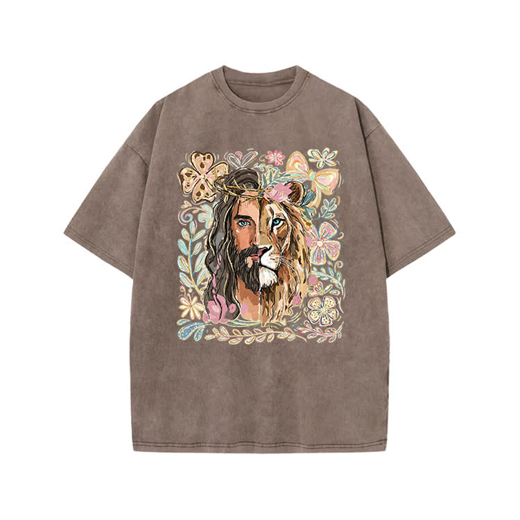 Vintage Lion Portrait Print Acid Washed T-shirt - Coffee - US20-22(3XL) - image 7