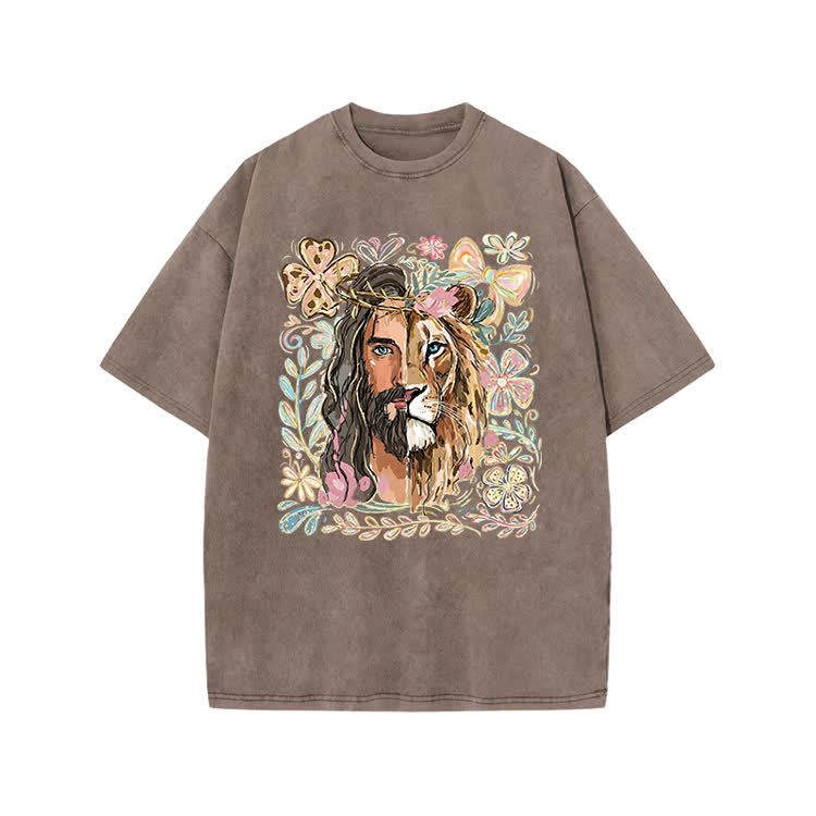 Vintage Lion Portrait Print Acid Washed T-shirt - Coffee - US20-22(3XL) - image 7