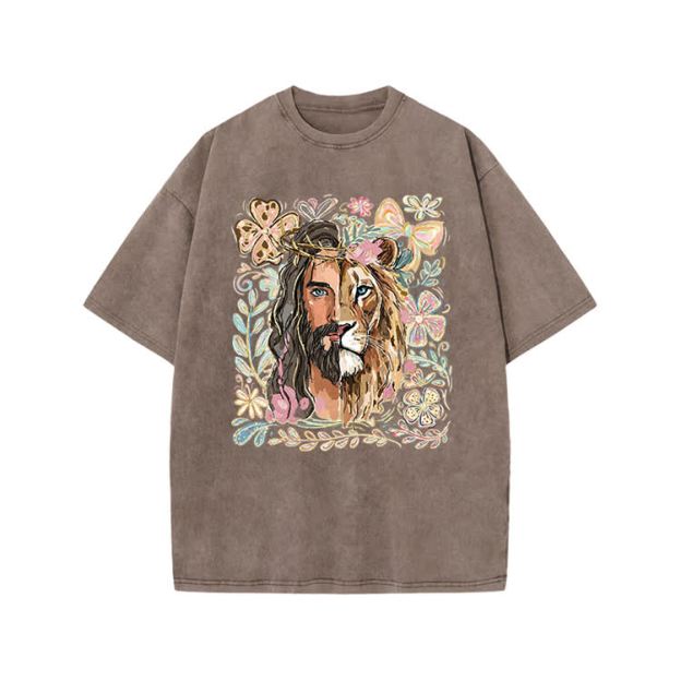 Vintage Lion Portrait Print Acid Washed T-shirt - Coffee - US20-22(3XL) - image 7