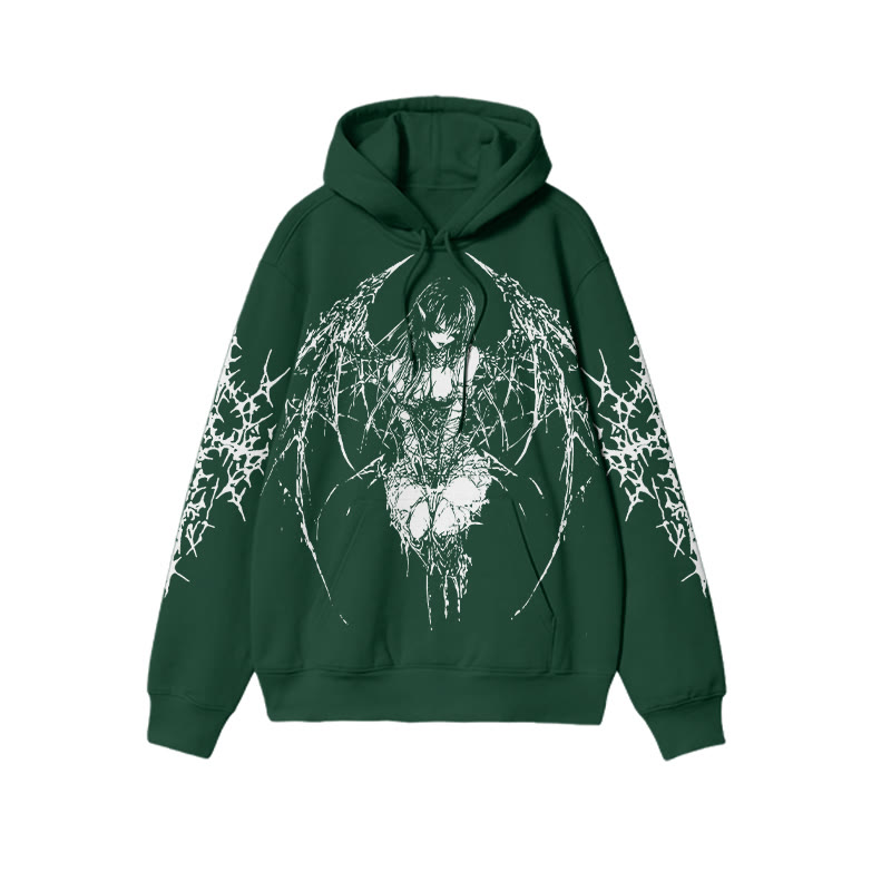 Unisex Skull Wings Angel Print Hoodie - Dark Green - US16-18(2XL) - image 7