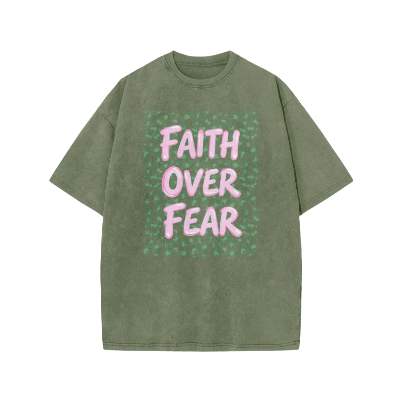 Faith Over Fear Leopard Print Acid Washed T-shirt - Army Green - US20-22(3XL) - image 5