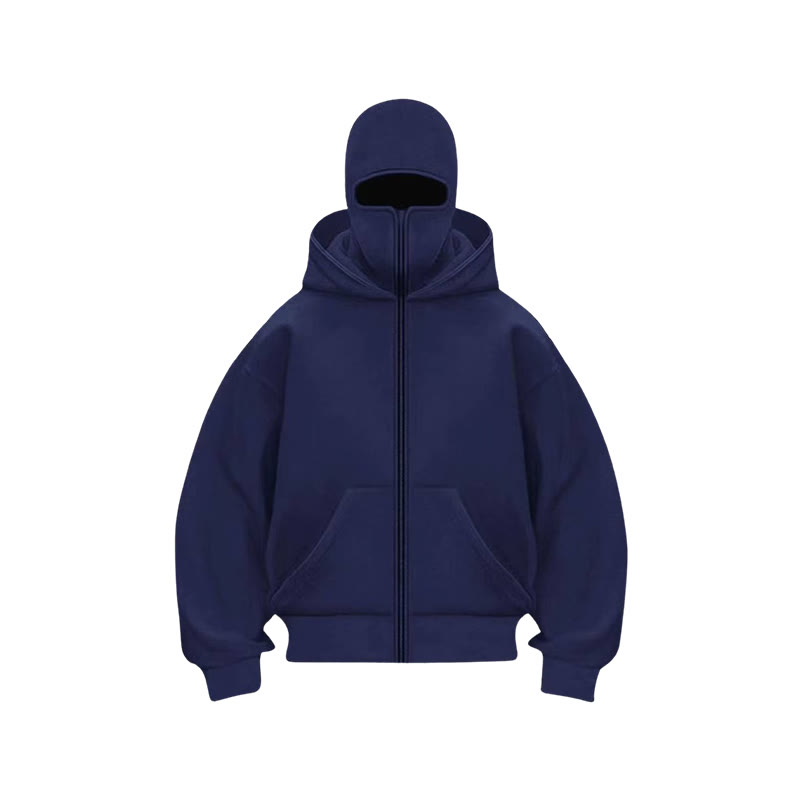 Unisex Solid Color Zipper Double Layer Hat Hoodie - Navy Blue - US20-22(3XL) - image 11