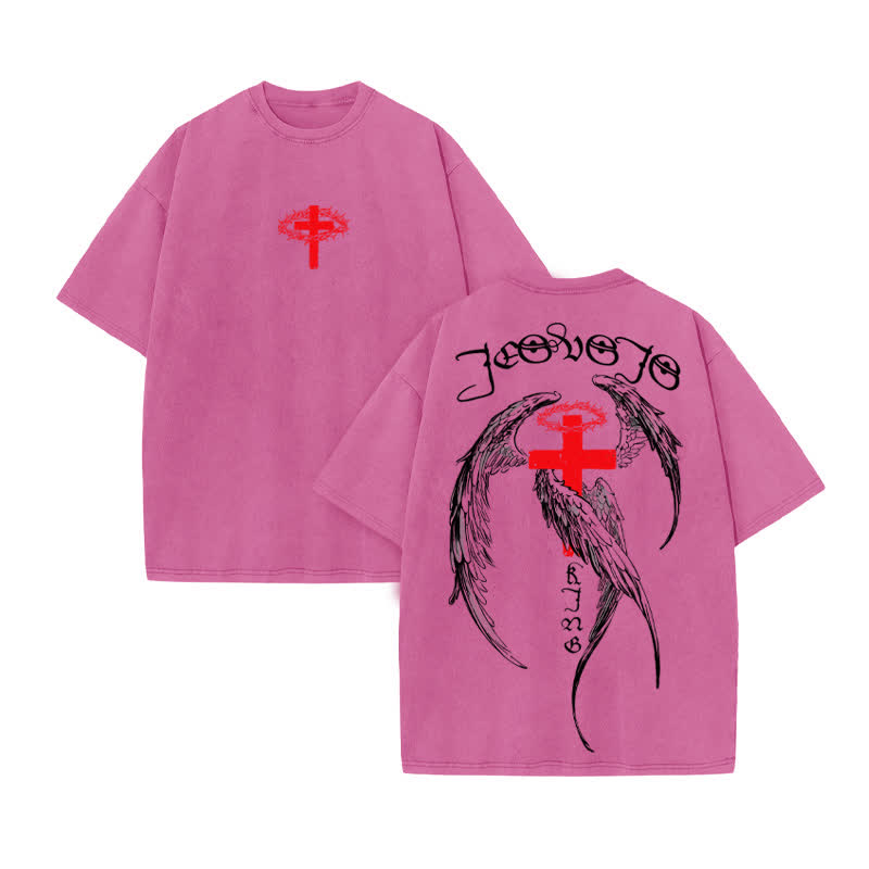 Unisex 100% Cotton JESUS IS KING Four-winged Cross Print Acid Washed T-shirt - Pink - US20-22(3XL) - image 8