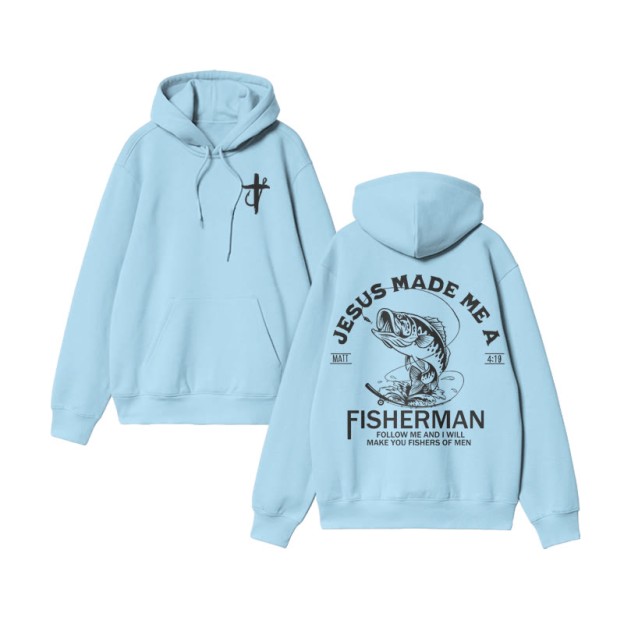 Unisex 100% Cotton Jesus Made Me A Fisherman Design Print Hoodie - Blue - US16-18(2XL) - image 4