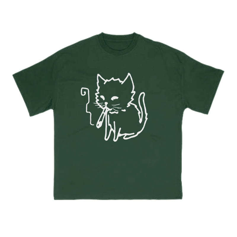 Unisex Smoking Cat Print T-shirt - Green - US16-18(2XL) - image 7