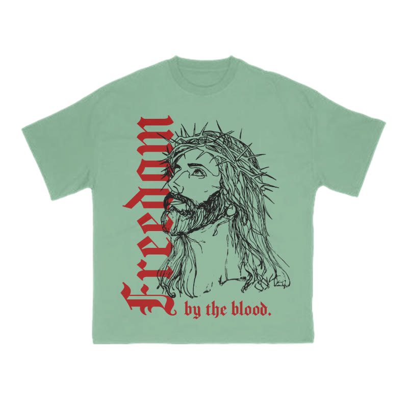 Unisex 100% Cotton Freedom By The Blood Print T-shirt - Green - US16-18(2XL) - image 5