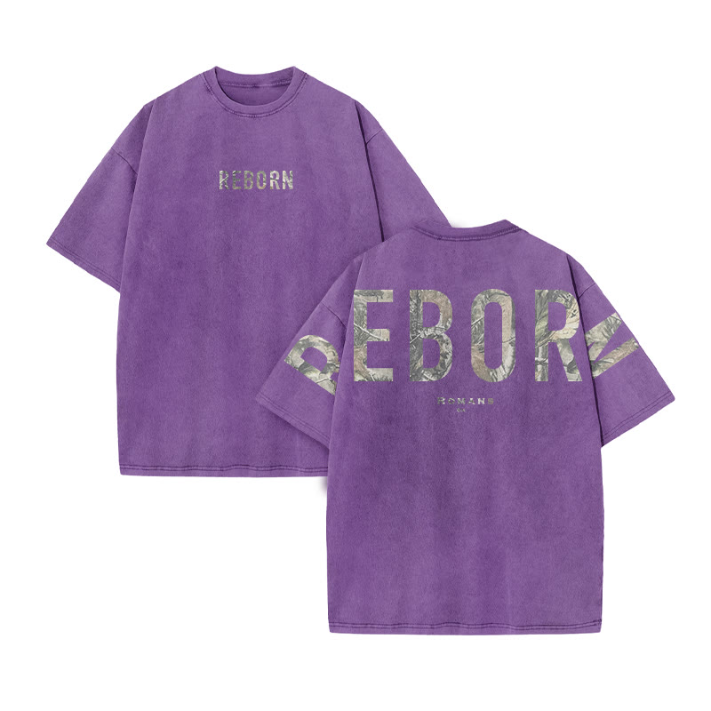 Reborn Romans 6:4 Dead Leaves Camouflage Print Acid Washed T-shirt - Purple - US20-22(3XL) - image 10