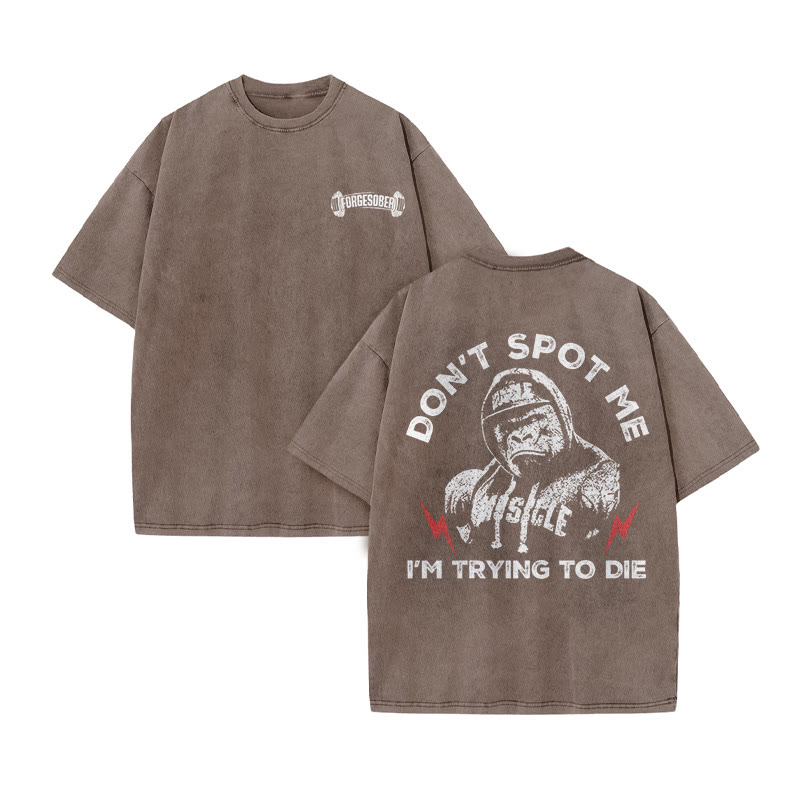 100% Cotton Don't Spot Me Gym Print Acid Washed T-shirt - Coffee - US20-22(3XL) - image 7