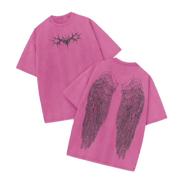 Vintage Angel Wings Graphic Print Acid Washed T-shirt - Pink - US20-22(3XL) - image 7