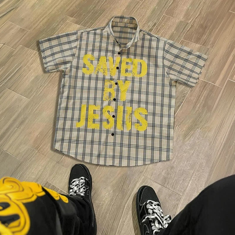 Unisex Saved By Jesus Contrast Plaid Print Short-sleeved Shirt - Beige - 5XL - image 3