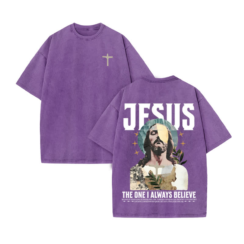 Unisex 100% Cotton Always Believe Jesus Print Acid Washed T-shirt - Purple - US20-22(3XL) - image 9
