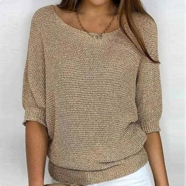 Women Yarn/wool Yarn Plain Three Quarter Sleeve Comfy Casual Sweater - Khaki - 5XL - image 1