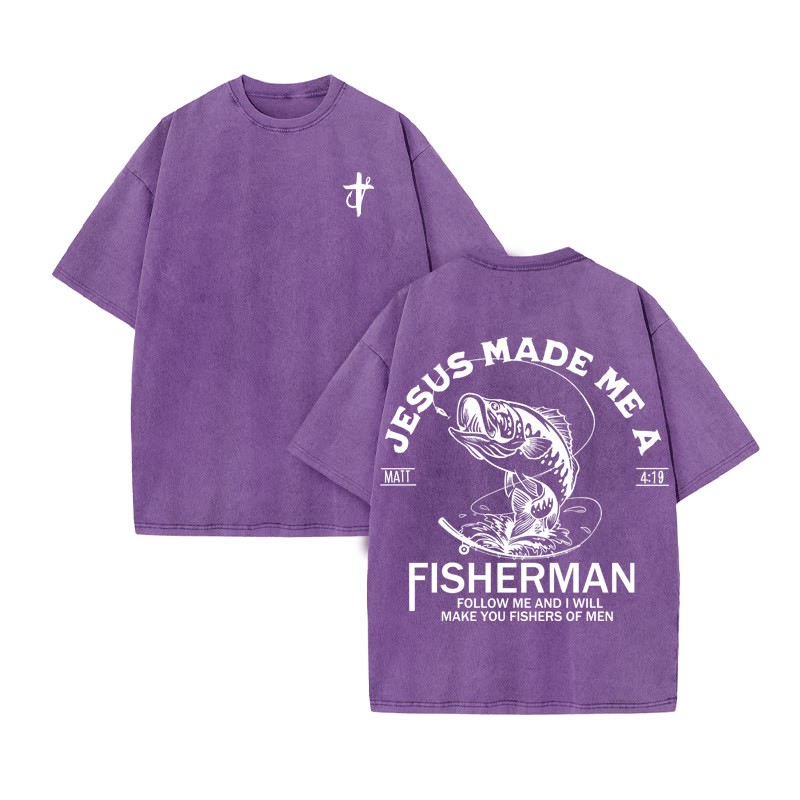 Unisex 100% Cotton Jesus Made Me A Fisherman  Print Acid Washed T-shirt - Purple - US20-22(3XL) - image 8