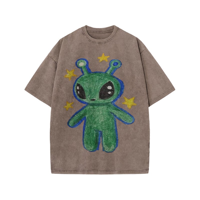 Cute Alien Print Acid Washed T-shirt - Coffee - US20-22(3XL) - image 4