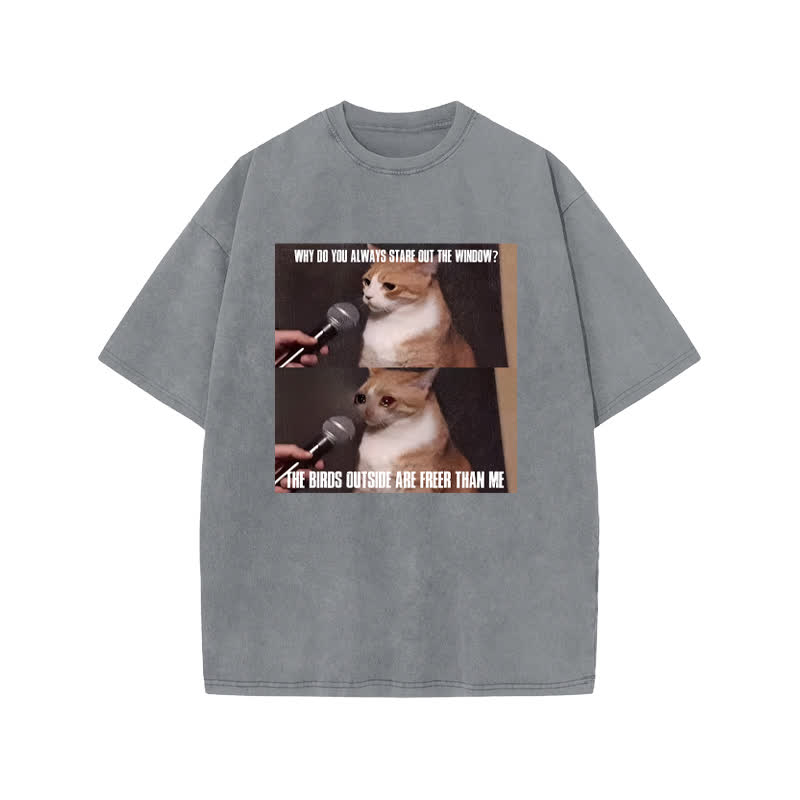 Unisex 100% Cotton A Cat With A Story Print Acid Washed T-shirt - Grey - US20-22(3XL) - image 4
