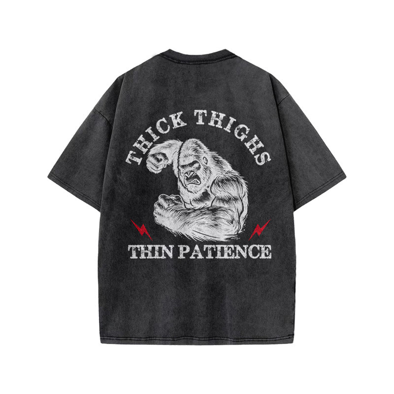 100% Cotton Thick Thighs Thin Patience Gym Print Acid Washed T-shirt - image 4