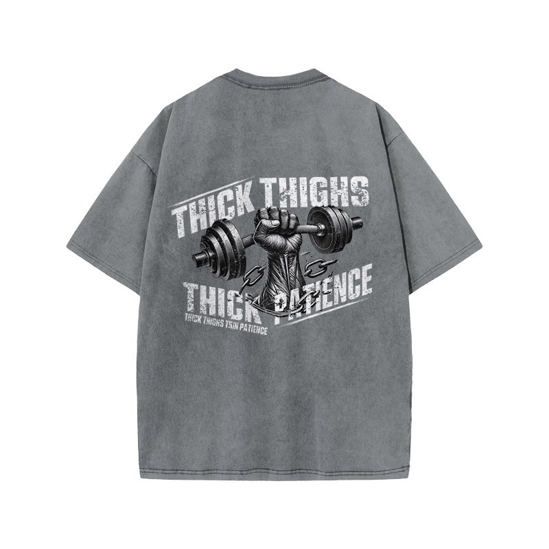 100% Cotton Thick Thighs Thick Patience Gym Print Acid Washed T-shirt - Grey - US20-22(3XL) - image 3
