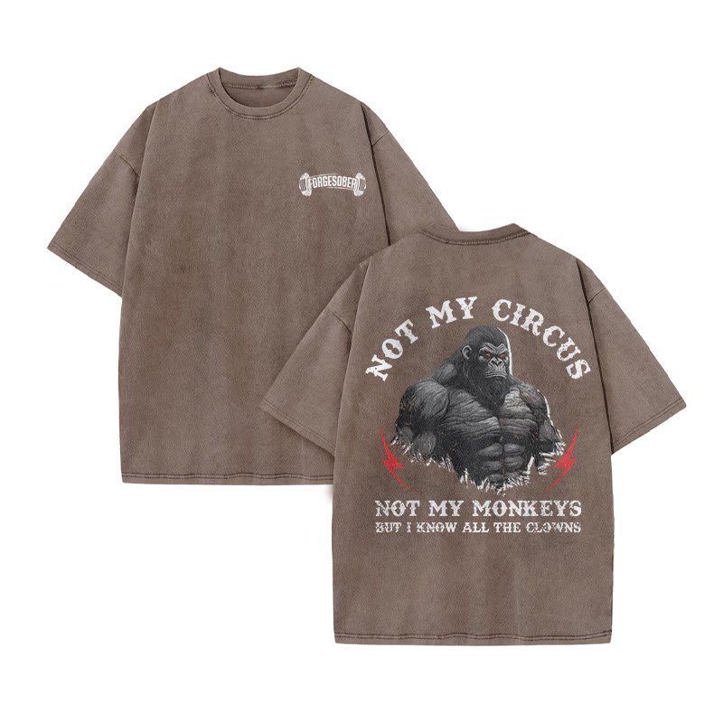 100% Cotton Not My Circus Gym Print Acid Washed T-shirt - Coffee - US20-22(3XL) - image 6