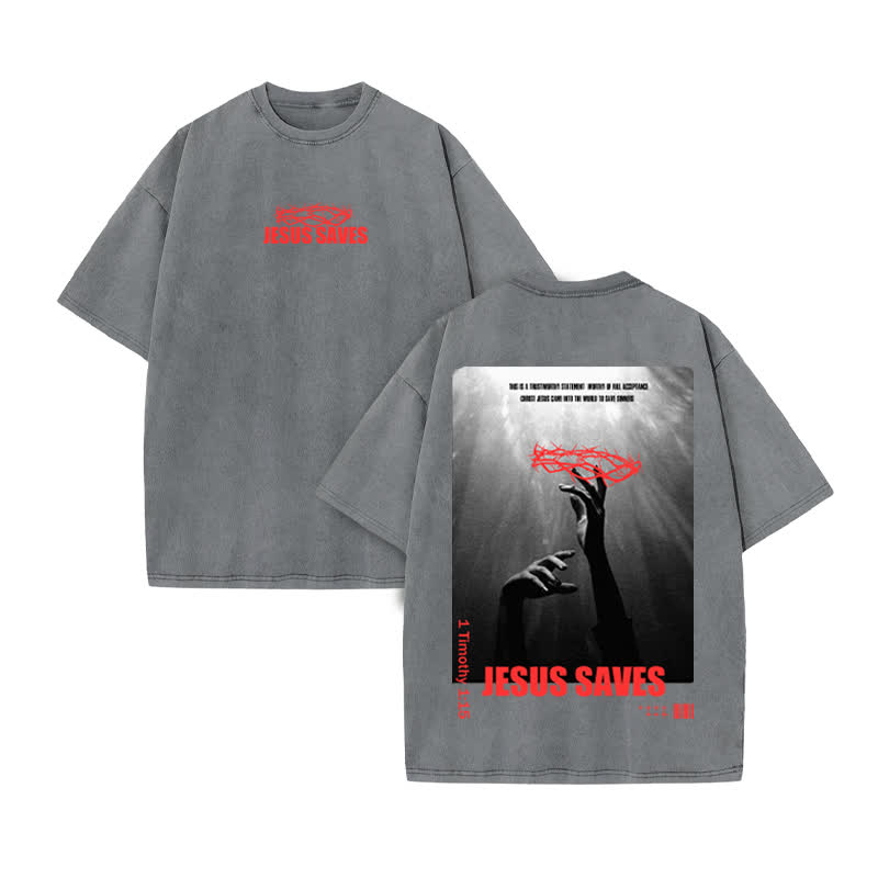 Unisex 100% Cotton Jesus Saves Print Acid Washed T-shirt - Grey - US20-22(3XL) - image 5