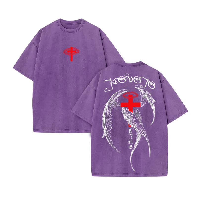 Unisex 100% Cotton JESUS IS KING Four-winged Cross Print Acid Washed T-shirt - Purple - US20-22(3XL) - image 9