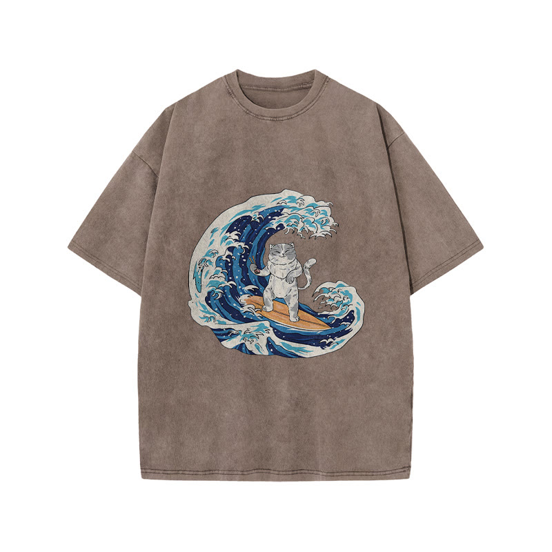 Unisex 100% Cotton Cat Surfing Japan Print Acid Washed T-shirt