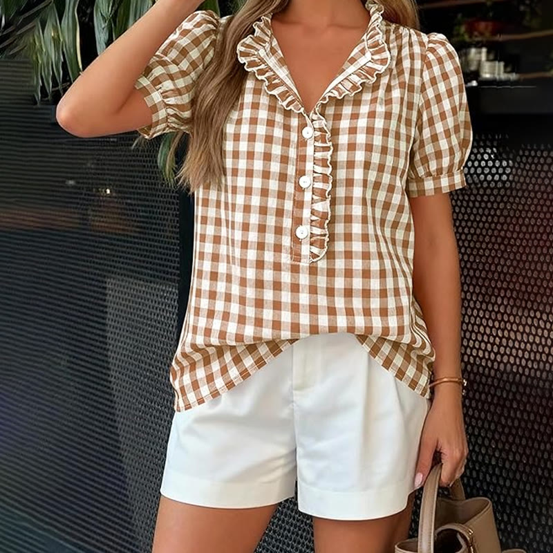 Elegant Plaids And Stripes Ruffled Half-placket Puff-sleeve Shirt - Khaki - 2XL - image 3