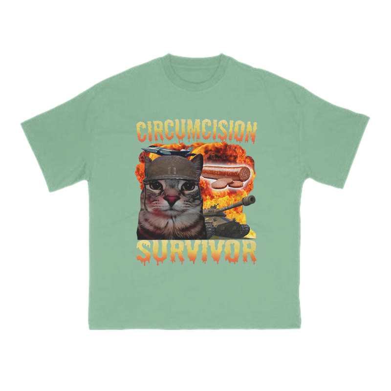 Unisex 100% Cotton Circumcision Survivor Meme Cat Print T-shirt - Green - US16-18(2XL) - image 8