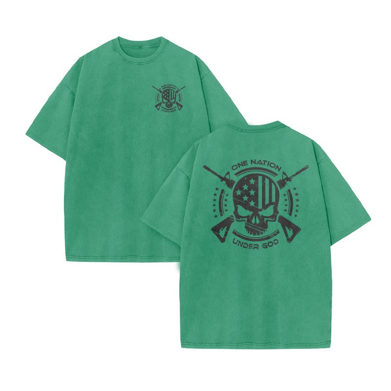 Unisex 100% Cotton One Nation Under God Print Acid Washed T-shirt - Green - US20-22(3XL) - image 5